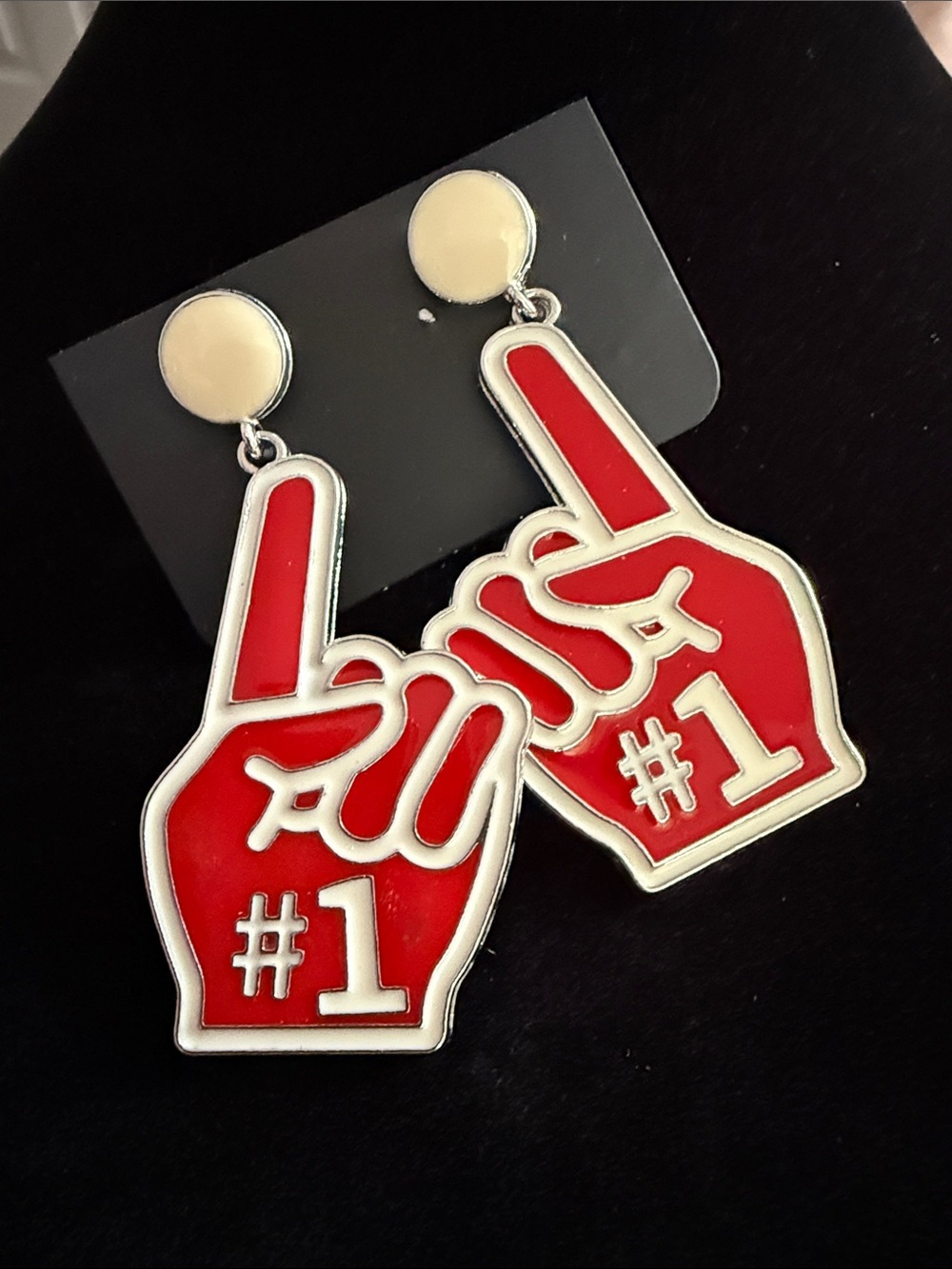 NWT 2” Red #1 Foam Finger Dangle Metal Earrings enameled